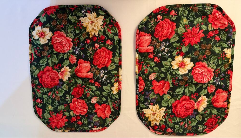 Vintage Christmas Floral Quilted Placemats Set of 2 Roses Holly Pinecones